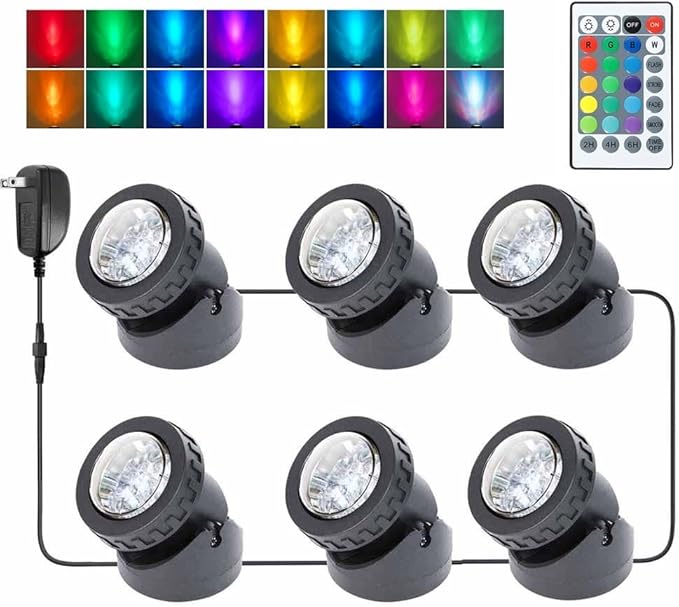 Pond Lights with Timer, Underwater RGB Colored Fountain Lights IP68 Waterproof Spotlights Adjustable Submersible LED Yard Spot Lights for Outdoor (Set of 6)