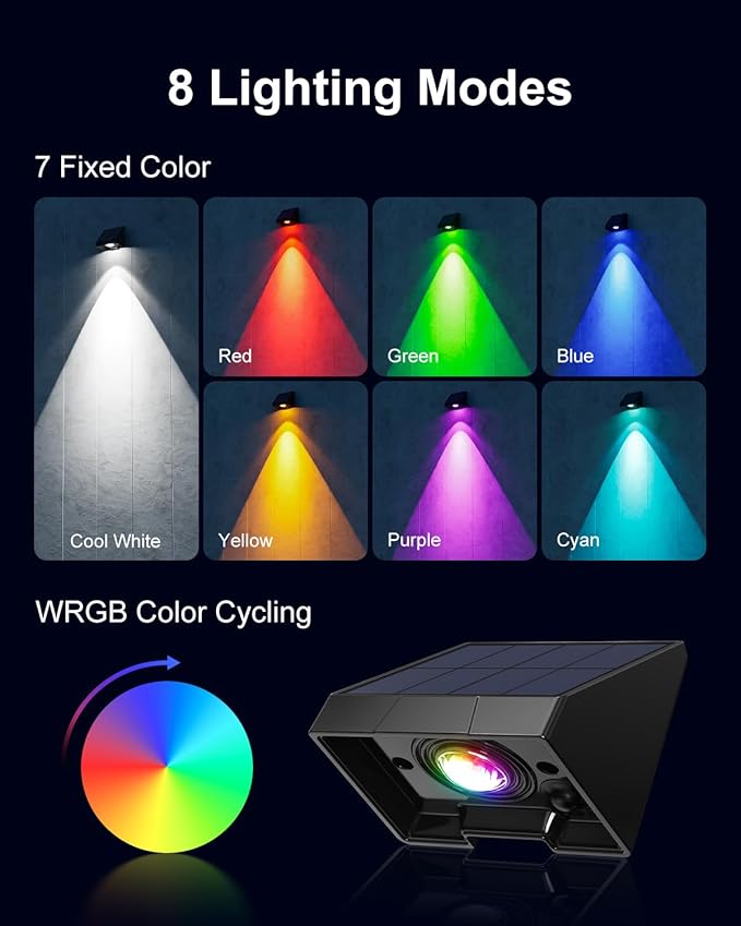 8 Pack Color Changing Solar Powered Fence Lights Outdoor Decorative LED Waterproof Yard Lighting for Outside Wall, Deck, House Patio, Rail, Stair, Backyard, 8 Colorful Modes, Easy 1-Min Installation