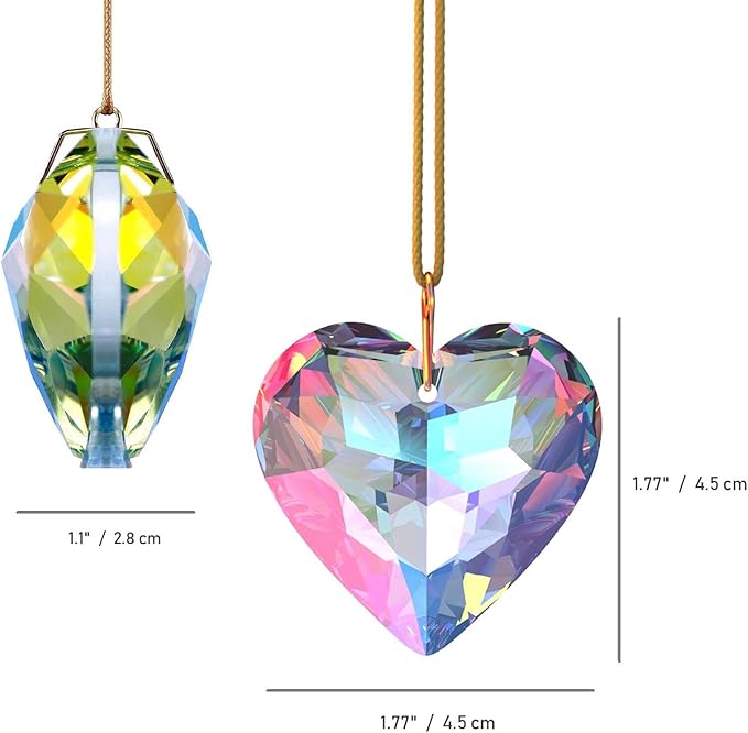 AB Color Heart Crystal Suncatcher, 2pc 45mm Hanging Prism for Windows, Outdoor Indoor Decoration, Rainbow Maker Gifts for Mom, Grandma, Friend
