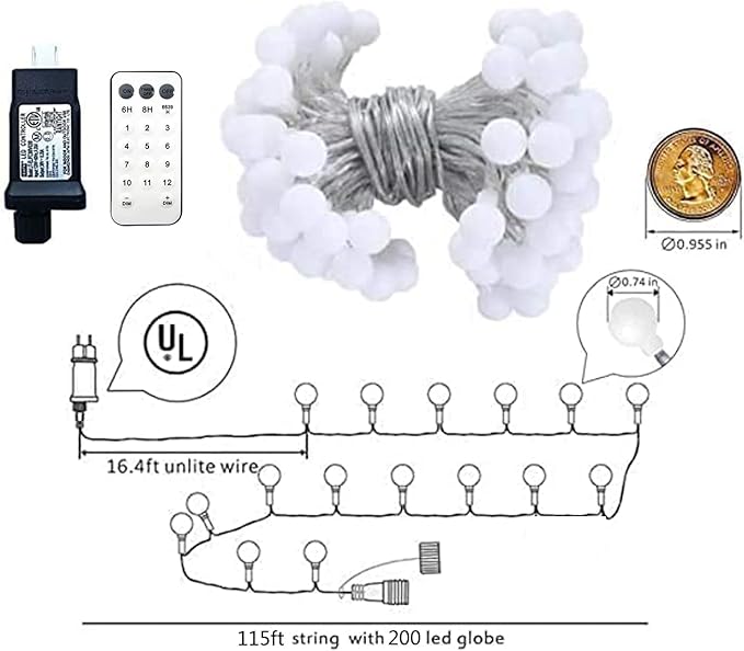 Globe String Lights 115 Feet 200 LED,Plug in Fairy String Lights with Remote Timer Extendable, 8 Modes Indoor Outdoor String Lights for Wedding Bedroom Classroom Patio Garden
