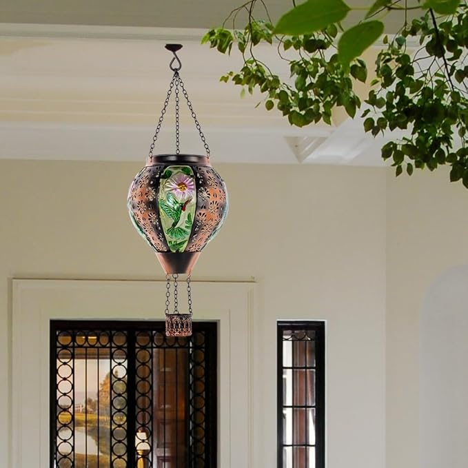 DREAMSOUL Hummingbird Hot Air Balloon Solar Lantern, Metal & Glass Flickering Flame Light Solar Lantern, Hanging Waterproof Solar Lanterns Outdoor for Garden Patio Tree Decoration Christmas Gifts