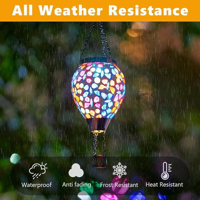 DREAMSOUL Butterfly Mosaic Hot Air Balloon Solar Lantern Hanging Glass Decorative LED Light Solar Lanterns Outdoor Waterproof