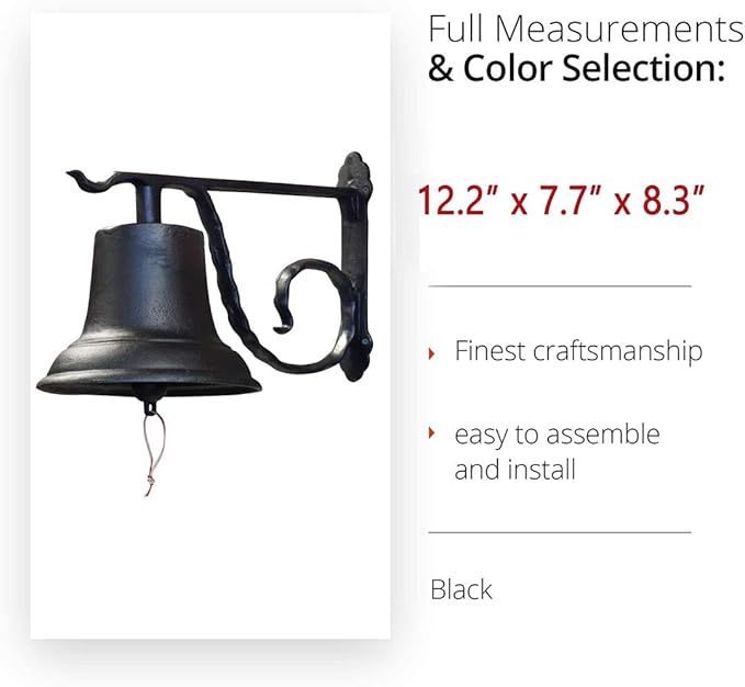 NACH Rustic Cast Iron Doorbell, Medium Door Bells for Homes, Classic Dinner Bell, Black Doorbell, 12.2 x 7.7 x 8.3 Inches, JS-90-096