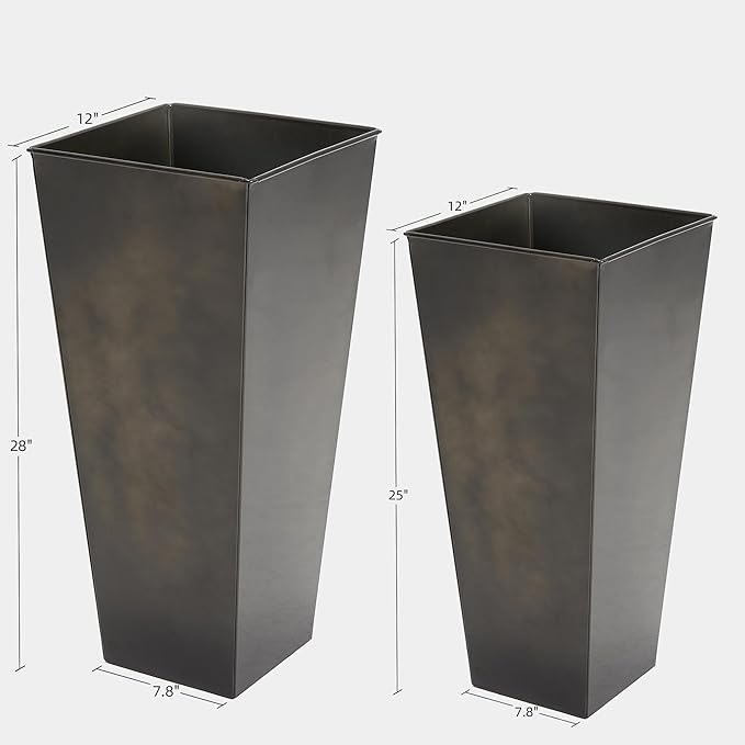 KOL 25'' & 28'' Tall Glazed Planter with Saucer, Set of 2, Galvanized Steel Planter Metal Pots for Indoor & Outdoor Use, Decorative Flower Plant Pots with Drainage Hole for Porch, Patio, Deck - Black