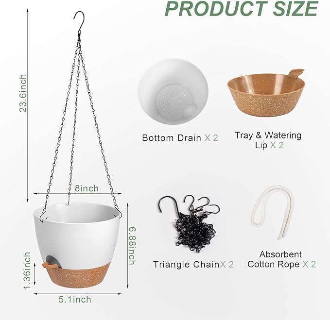 Hanging Planters for Indoor Outdoor Plants, 2 Pack Self Watering Hanging Pot with Drainage Holes & Removable Tray (White, 8'')