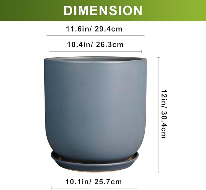 Pots for Plants 12 Inch - Ceramic Planter for Indoor Outdoor Plants Large Plant Pot with Drainage Hole and Saucer Outdoor Flower Pot Gray