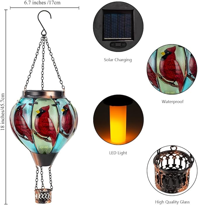 Starsoul 2 PC Cardinal Hot Air Balloon Solar Lantern with Flame Glass Outdoor Hanging Hot Air Balloon Solar Light Waterproof Garden Patio Yard Party Decorations