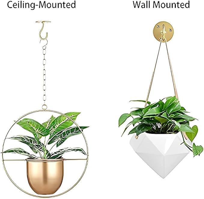 Ceiling Hooks for Hanging Plants-Metal Heavy Duty Wall Mounted Hangers for Hanging Bird Feeders, Planters, Wind Chimes, Include Professional Drywall Anchors (3-Pack) (Gold)