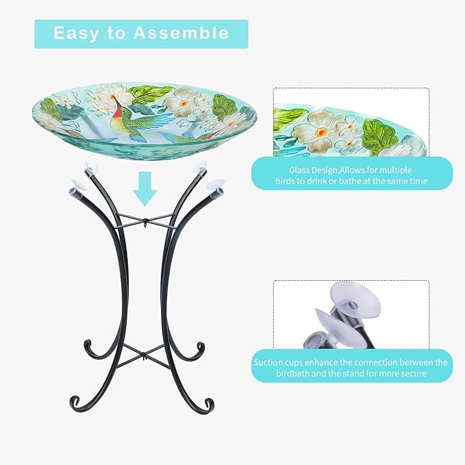 VCUTEKA 18" Outdoor Glass Birdbath with Sturdy Metal Stand for Lawn, Yard, or Garden Decor Bird Lovers Gift, Hummingbird Bird Bath Detachable, 22" Height