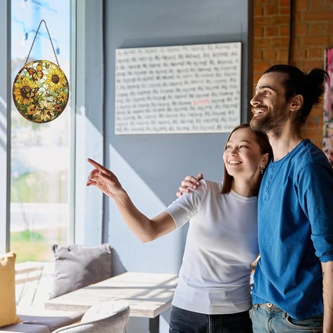 Sunflower Decor Suncatcher Stained Glass Window Hanging - Butterfly Stained Glass Suncatchers for Windows - Sun Catchers Indoor Window with Chain and Hook - Sunflower Gifts for Women Mom Teacher Gift