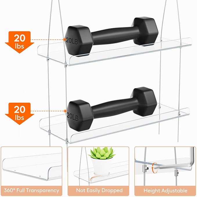 Lifewit 2-Tier Window Plant Shelves 15 inch, Acrylic Adjustable Hanging Floating Shelf, Window Sill Extender for Indoor Succulent Plants, Micro Greens, Seed Starter Pots, Herb Planters
