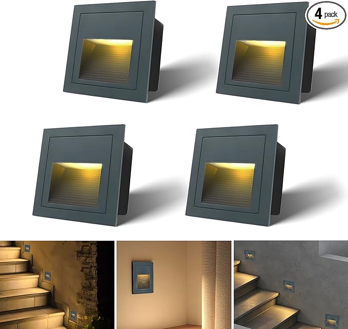 4pcs/3W Wall Recessed Stair Lights LED,Warm White,Indoor Step Light,Square Recessed Wall Light,Grey Cover Staircase Light IP20 for Indoor Stairs, Home, Kitchen, Attic, Aisle