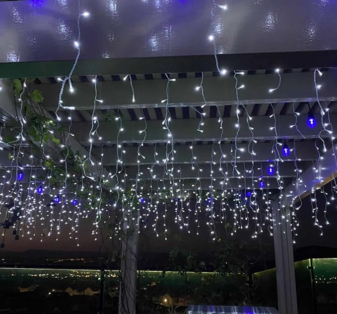 YASENN 300Led Icicle Style String Lights 29.5FT,Update Connectable 8 Lighting Modes with Timer Icicle Lights for Home Garden Outdoor Indoor Eave Decor (Blue and White LED White Cable)