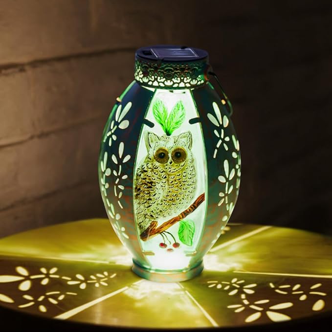 Starsoul Owl Outdoor Solar Lantern Waterproof Metal & Stained Glass Owl Lamp Lights for Yard Patio Garden Tabletop Pathway Decor Gifts for Woman