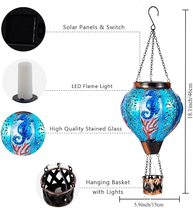 Seahorse Solar Hot Air Balloon Lantern with Flame Flickering Metal Hot Air Balloon Solar Lanterns Outdoor Waterproof Hanging Outdoor Lights for Yard,Patio,Garden Decor Birthday Gift for Women