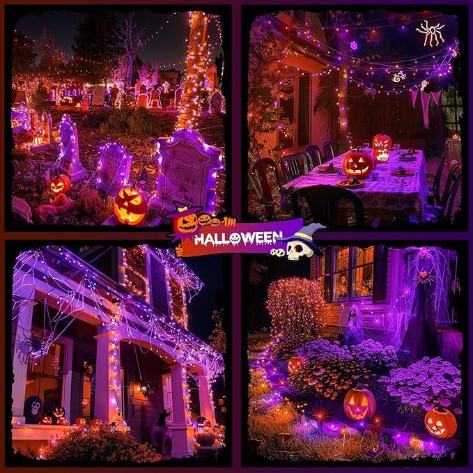 JMEXSUSS Orange and Purple Solar Halloween Lights, 2 Pack Total 400 LED Solar String Lights Outdoor Waterproof, 8 Modes Halloween Lights for Outside Halloween Tree Decorations