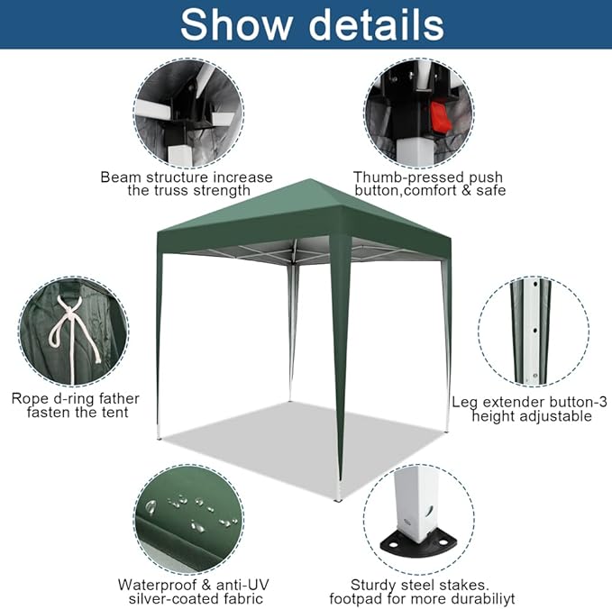 Outvita 6.5x6.5ft Pop Up Canopy Tent, Outdoor Instant Shelter Folding Canopy with Carry Bag for Commercial Events, Party, Backyard BBQ, Camping Green
