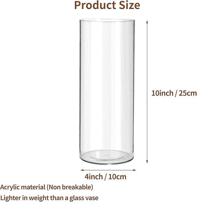 Clear Flower Vase, Non-breakable Vases, 4" W x 10" H, Acrylic Vase, Aesthetic Room Decor Cylindrical Modern Flower Vases for Table Centerpiece, Home Decor, Women Floral Arrangement Gift