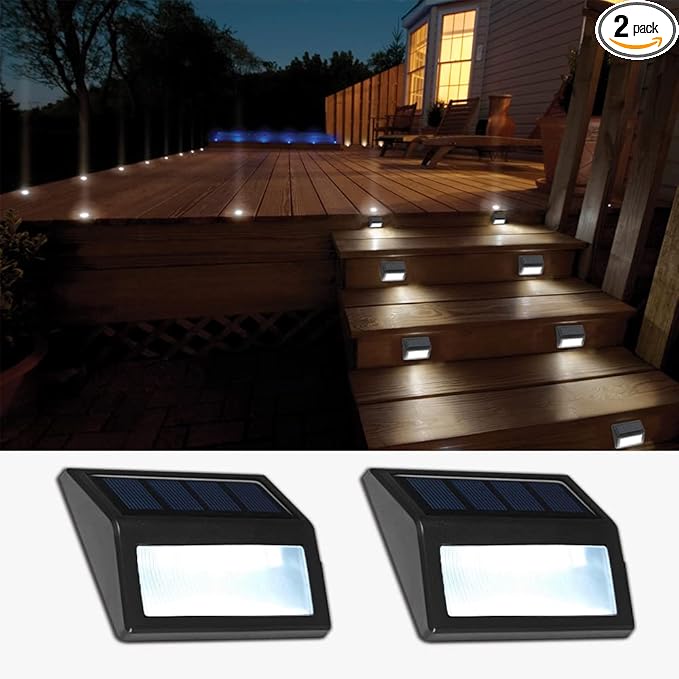 Solar Lights Outdoor, Waterproof Solar Powered Deck Step Lights for Patio Garden Backyard Garage Driveway Pathway Outside Wall Lighting (Cool White/2 Pack)