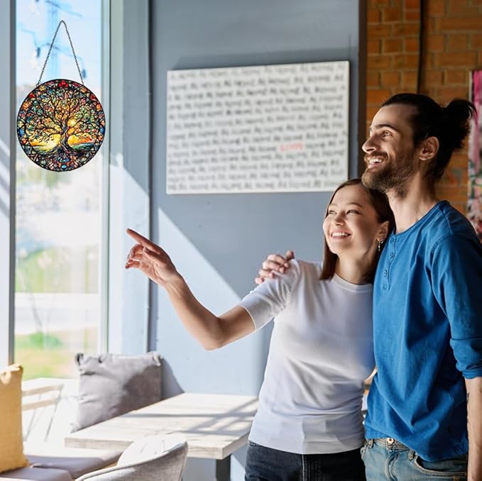 Tree of Life Sun Catcher Stained Glass Window Hanging - Handmade Suncatchers for Windows Hanging Stained Glass Suncatcher - Sun Catchers Indoor Window Wall Home Decor Glass Panel Gift for Women Men