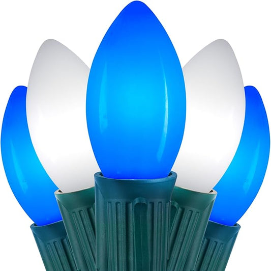 C9 LED Christmas Lights Outdoor, 50 Feet C9 String Lights with 50 Shatterproof Matte Bulbs, Connectable Waterproof Christmas Tree Lights for Holiday Roofline Backyard Garden Decor, Blue & Pure White