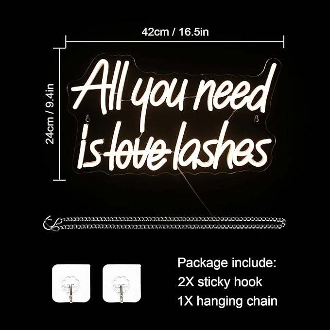 WLHOPE All you need is Lashes Neon Sign, Warm White Led Neon Signs for Wall Decor, USB Lash Neon Signs Letter Neon Lights for Bedroom Bar Party Girls Room Nail Room Salon, Lash Room Decoration