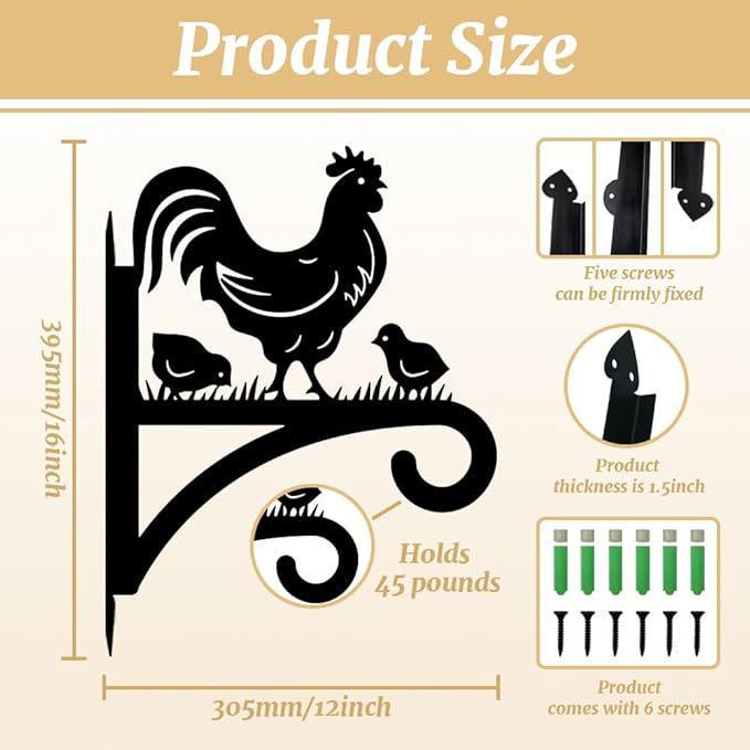 peacoblue Iron Plant Hangers Hooks for Outdoor Indoor Hanging Plants Fern Pots, Lantern, Bird Feeder, Wind Chimes, 12”x14” Rooster Weather Resistant Metal Wall Brackets for Garden, Farmhouse(Rooster)