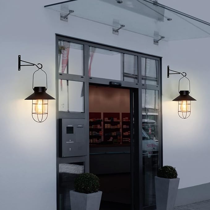 pearlstar Solar Lanterns Outdoor Metal Solar Powered Hanging Lights Waterproof for Wall Yard Garden Patio Garage Balcony Porch Fence Decor, Warm White Edison Bulb,with Wall Mount Kit（Black-1pack）