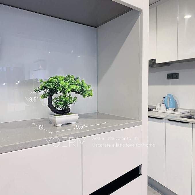 Small Artificial Plants Greenery Desktop Bonsai - Green Plastic Fake Plants for Home Decor, Indoor Bookshelf, Office Desk and Bathroom Room Decor, Tall 8.5"