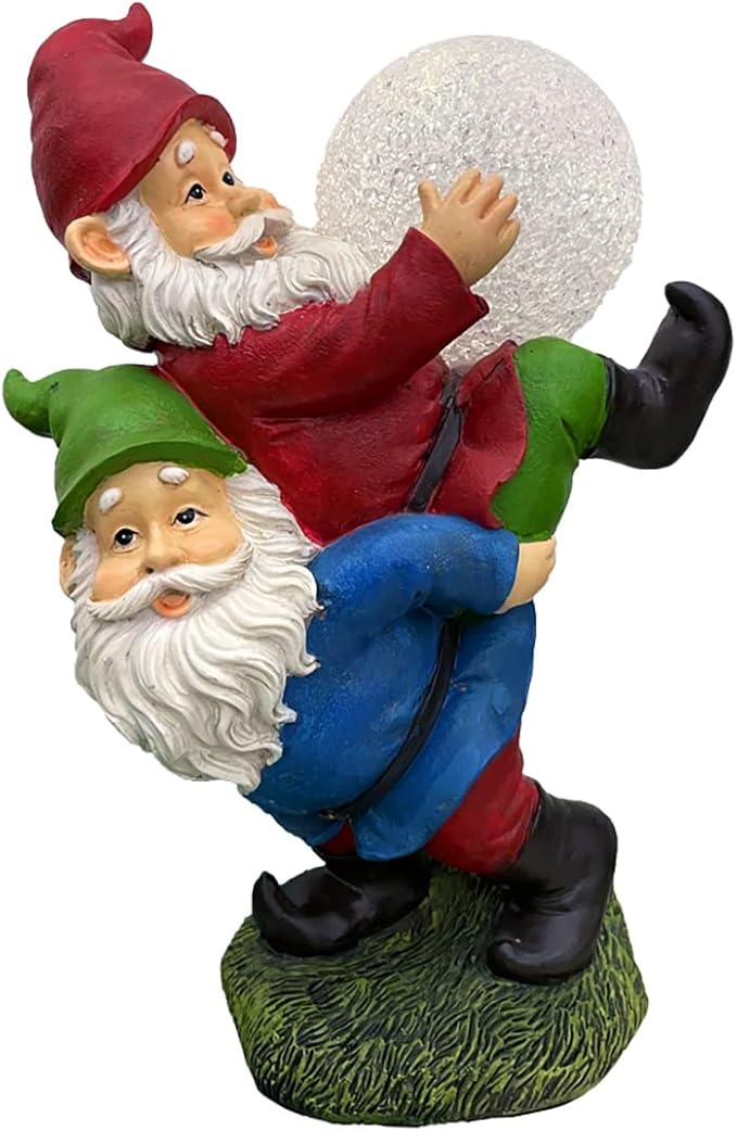 Solar Powered 2 Gnomes Playing with Ball, Decorated Solar Light, Garden Decorations Statues, Garden Light Decor for Lawn Ornaments, Resin Garden Figurines (2 Gnomes with a Glass Ball)
