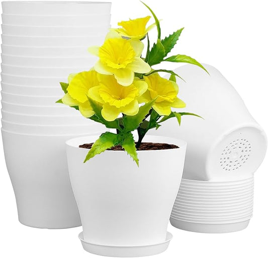 6 inch Plastic Nursery Pots, Seedling Pots, 16 Pack Plant Pots for Small Indoor Outdoor Plants, Flower Pots with Drainage Holes and Saucers, Decorative Planters for House Plants, White