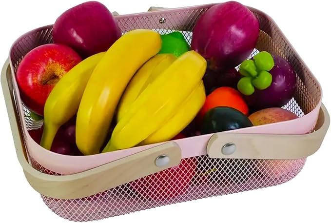 Metal Mesh Steel Basket, Storage Organizer Basket Garden Harvest Basket Multi-functional Kitchen Fruit Baskets Bin with Wooden Handle for Bathroom Picnic Shopping Decor Cabinet Home, Pink