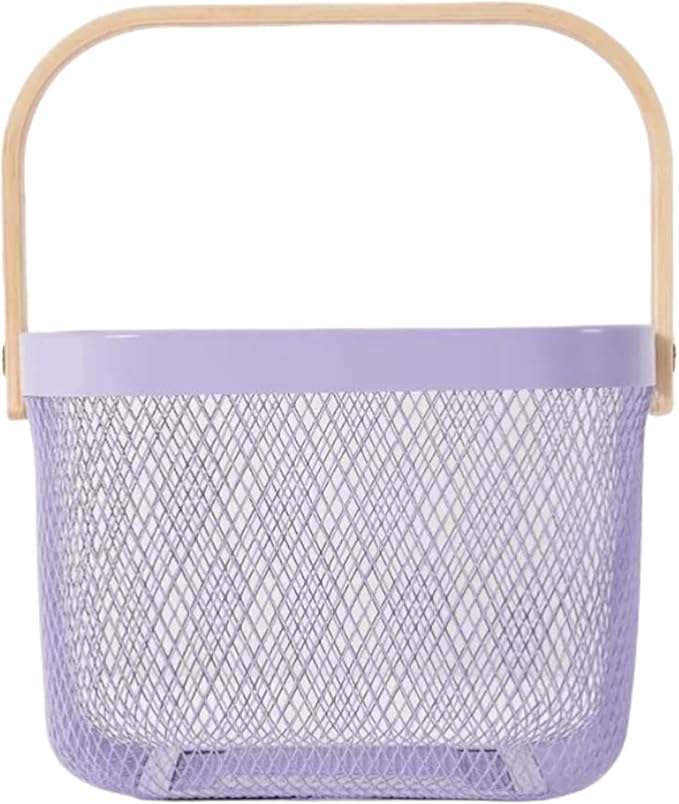 Metal Mesh Steel Basket, Storage Organizer Basket Multi-functional Hanging Kitchen Baskets Fruit Basket Bin with Bamboo Handle for Kitchen Bathroom Picnic Shopping Decor Cabinet Home, Purple