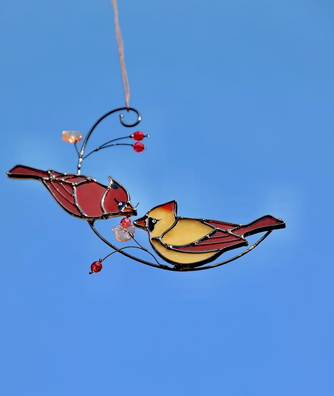 Cardinal Stained Glass Suncatchers for Windows Hanging Decorative,Couple Red Love Birds Sun Catchers for Christmas Ornaments,Real Stained Glass Cardinal Memorial Gifts for Women/Mom