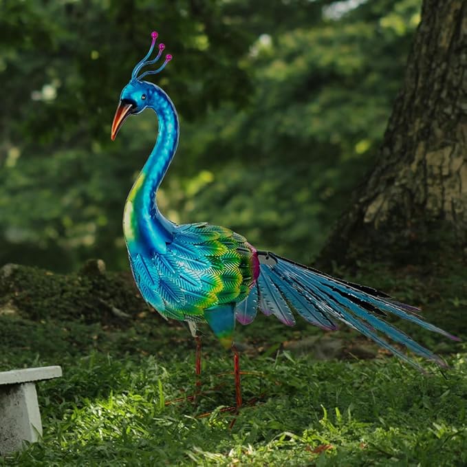 VEWOGARDEN Peacock Outdoor Statues Metal Peacock Tail Spread Garden Sculptures & Statues for Yard Lawn Patio Pool Outside Decorations, Blue