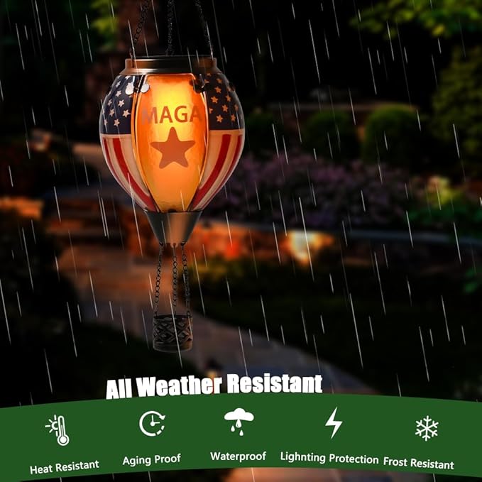 U.S Flag Hot Air Balloon Solar Lantern - MAGA Simulated Flickering Flame Stained Glass Light for Outdoor, Yard Hanging/ Waterproof IP65, Ideal 4th of July Gift for Patriot Veterans Patio Decor
