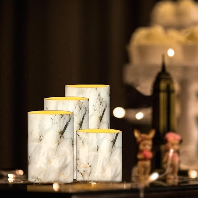 Flameless LED Battery Candles 4 PCS Pillar Candles with 18-Key Timer Remote Control Colorful Lights for Table Centerpiece Home Indoor Wedding Decoration, White Grey Marble