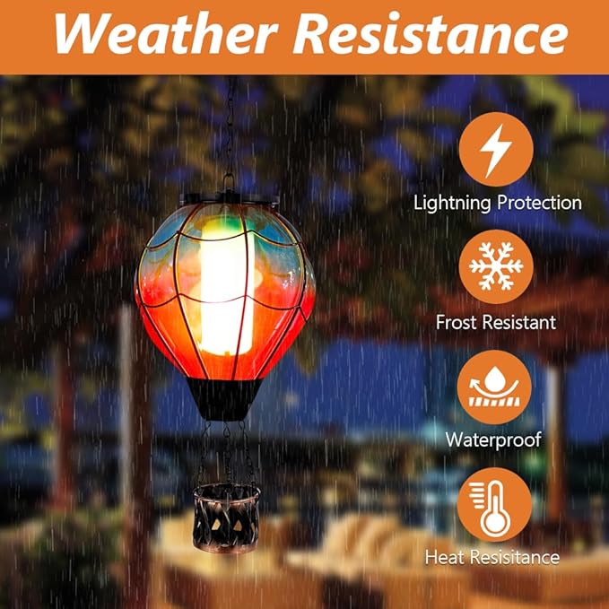 Solar Hot Air Balloon Lantern with Flame Flickering LED Glass Hot Air Balloon Solar Lanterns Outdoor Waterproof Hanging Lights for Patio,Porch,Yard,Garden Decor Mother Day Gifts for Women