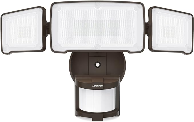 LEPOWER LED Security Light Motion Sensor Light Outdoor, 38W 4200LM Motion Security Light, 5500K, IP65 Waterproof, 3 Head Motion Detected Flood Light for Garage, Yard, Porch (Not Solar Powered, Brown)