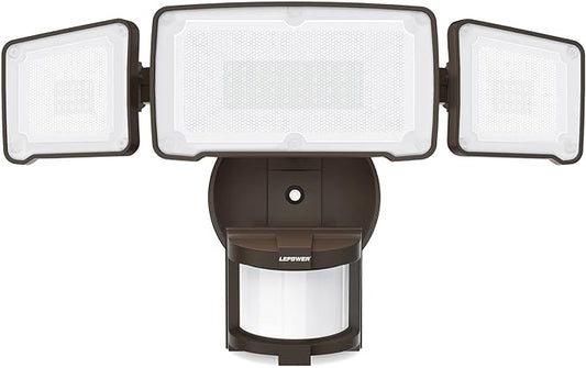 LEPOWER LED Security Light Motion Sensor Light Outdoor, 38W 4200LM Motion Security Light, 5500K, IP65 Waterproof, 3 Head Motion Detected Flood Light for Garage, Yard, Porch (Not Solar Powered, Brown)