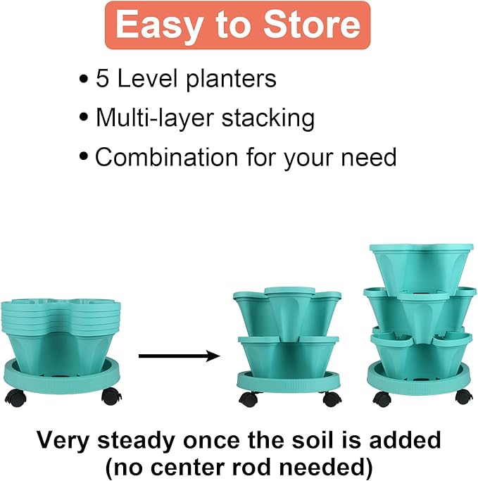 DUNCHATY Stackable Vertical Garden Planter with Wheels, 5 Tier Herb Planter Pots for Growing Vegetables and Succulents, Teal