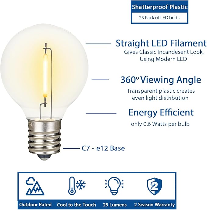 Novelty Lights 100 Feet G40 LED Patio String Lights with 67 Bulbs, Warm White, Weather Resistant and Shatterproof Replaceable Plastic Globe Bulbs, White Wire