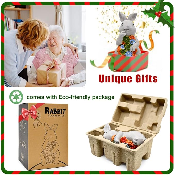 Nacome Solar Garden Outdoor Statues Bunny with Succulent and 7 LED Lights – Lawn Decor for Patio, Balcony, Yard Ornament - Unique Housewarming Gifts