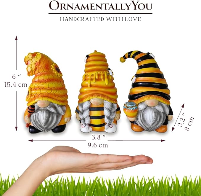 Spring & Summer-Themed Garden Statues – Adorable Outdoor Decor for Lawn, Patio & Porch (Buzzy Trio Set of Three Bumble Bee Gnome Figurines, 6" Tiered Tray Home or Garden Decoration)