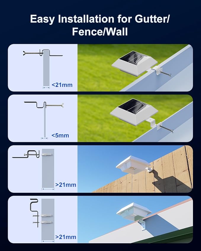8 Pack Solar Powered Gutter Lights Outdoor Decorative Waterproof 12 LEDs Yard Lamp for Fence, Railing, Outside Wall, Deck, Garden, Path, Backyard, Walkway, Patio, No Drilling Installation (Warm White)