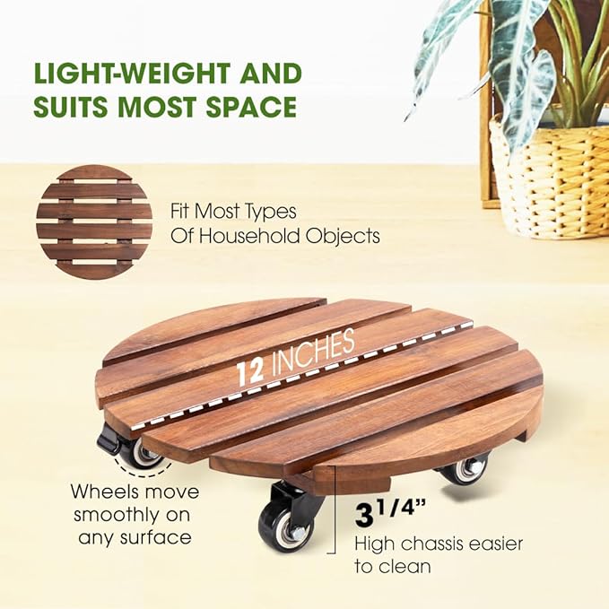 2pack Wood Plant Caddy With Wheels Heavy Duty Red Brown, 264 Lbs Capacity, 12 Inch Acacia Hardwood Plant Dolly, Plant Stand with 360° Lockable Wheels for Plant Pots, Heavy Objects Hauling
