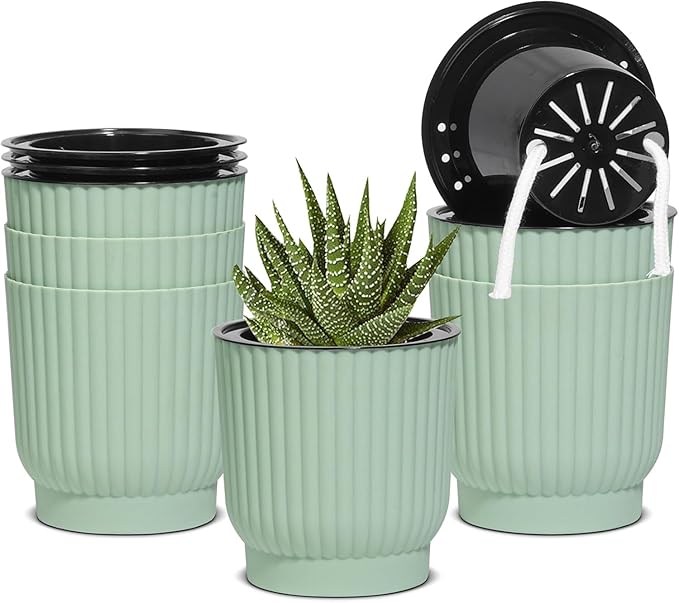 T4U African Violet Pots, 4 Inch Self Watering Pots for Indoor Plants, 6 Pack Small Planters, Durable Mint Green Plastic Small Pots for Indoor Plants, Flower