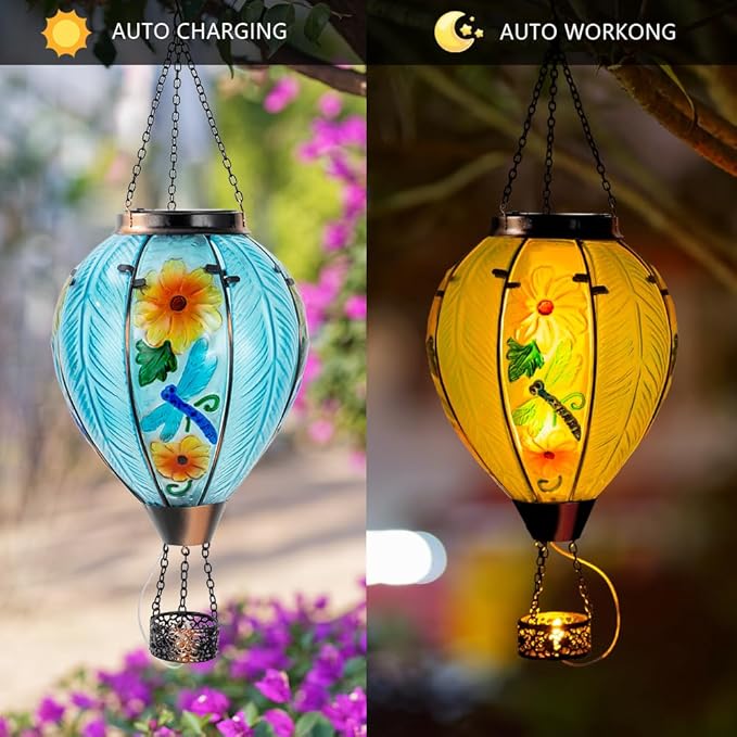 Starsoul Large Solar Hot Air Balloon Lantern with Flame Dragonfly Glass Hanging Outdoor Hot Air Balloon Solar Light Waterproof Garden Patio Yard Party Decorations