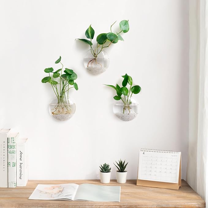 Mkono Wall Hanging Planter Propagation Station Glass Flower Vase for Hydroponics Plants, Bathroom, Home Office Living Room Decor Gift, Oblate Set of 3