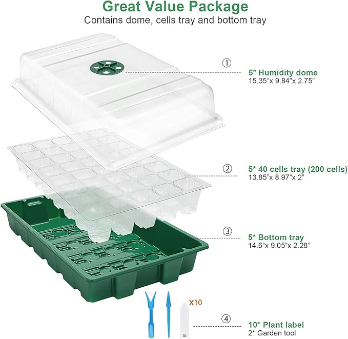 MIXC Seedling Trays Seed Starter Tray, 5-Pack Mini Propagator Plant Greenhouse Grow Kit with Humidity Vented Domes and Base for Seeds' Starting (40 Cells Per Tray, Total 200 Cells), Green
